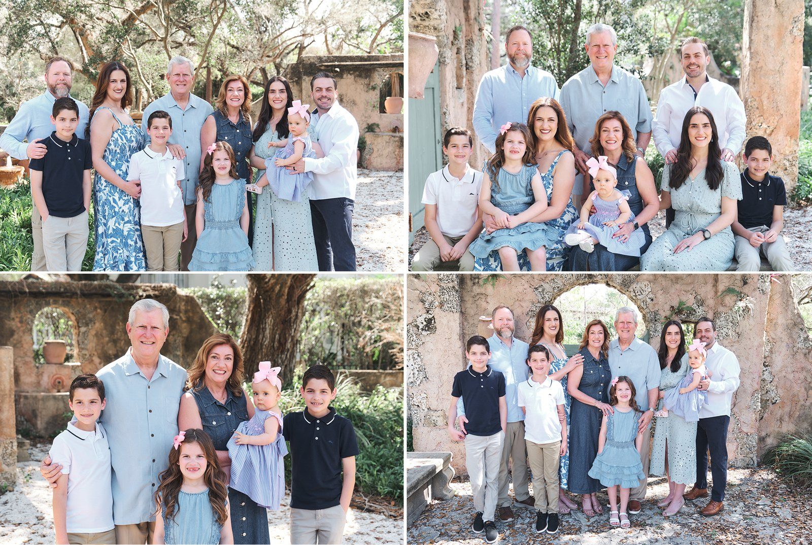Photographs from a family session among coral stone walls and old trees