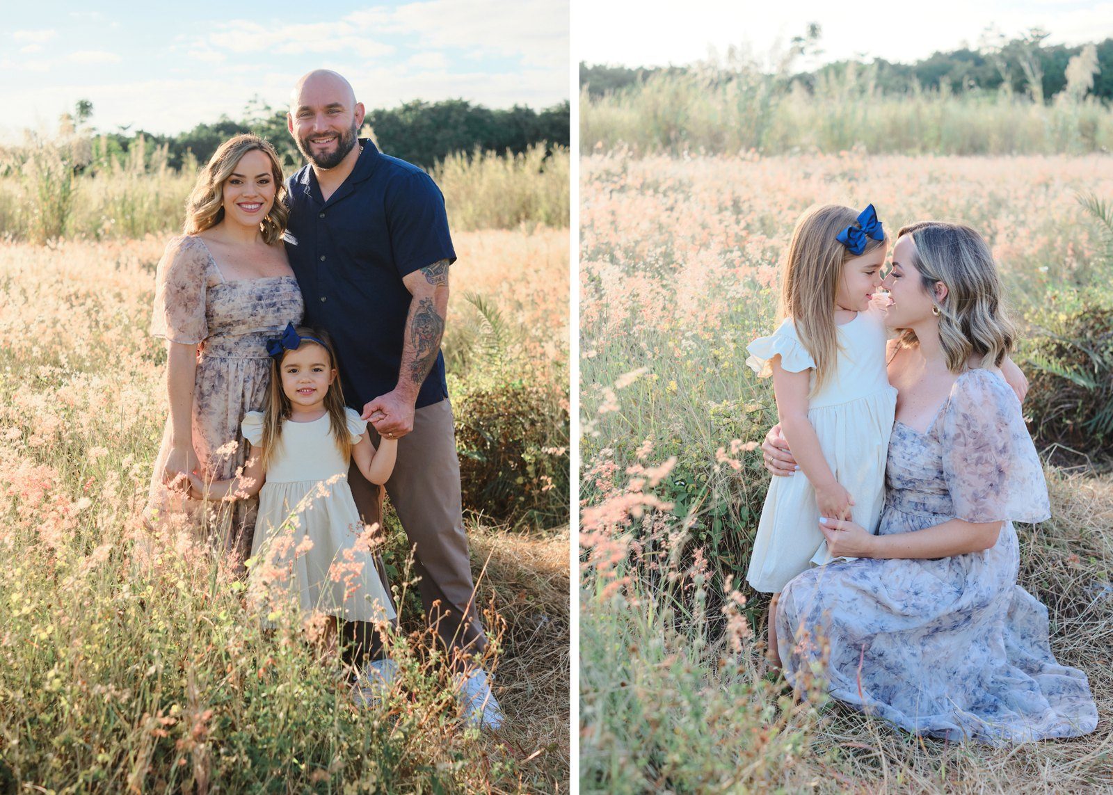 Four photographs from a golden-hour session in a field of tall grass