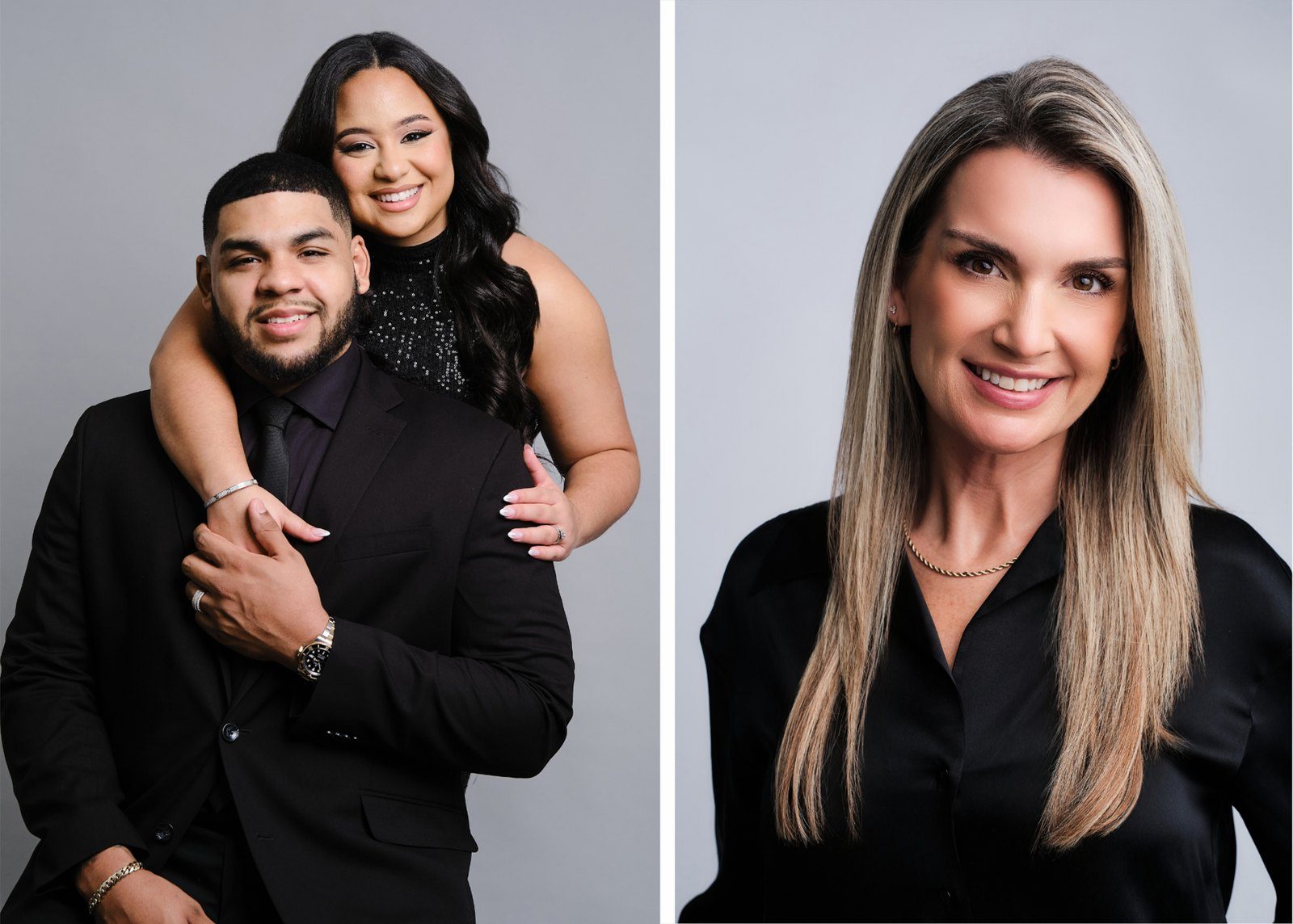 Two photographs on a soft gray studio backdrop - a couple dressed up, and a headshot